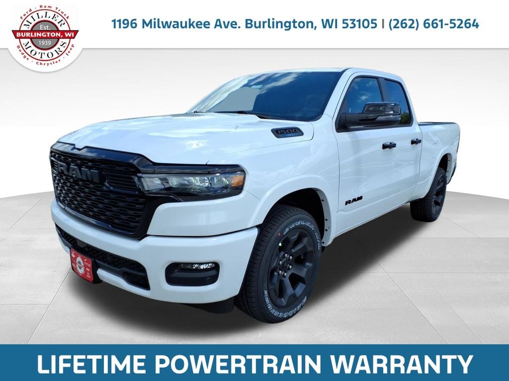 2026 RAM Ram 1500 RAM 1500 BIG HORN QUAD CAB 4X4 6'4' BOX in Bright White Clear-Coat Exterior Paint — front three-quarter view