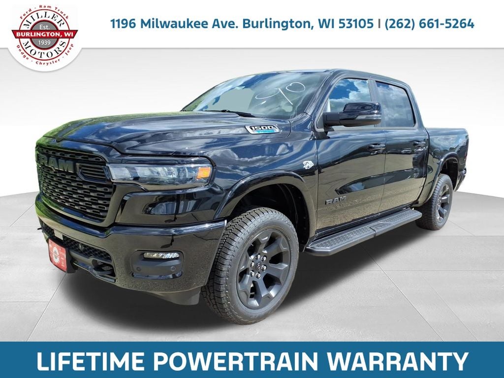 2026 RAM Ram 1500 RAM 1500 BIG HORN CREW CAB 4X4 5'7' BOX in Diamond Black Crystal Pearl-Coat Exterior Paint — front three-quarter view