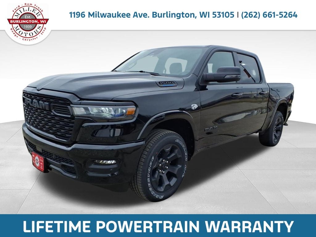 2026 RAM Ram 1500 RAM 1500 BIG HORN CREW CAB 4X4 5'7' BOX in Diamond Black Crystal Pearl-Coat Exterior Paint — front three-quarter view