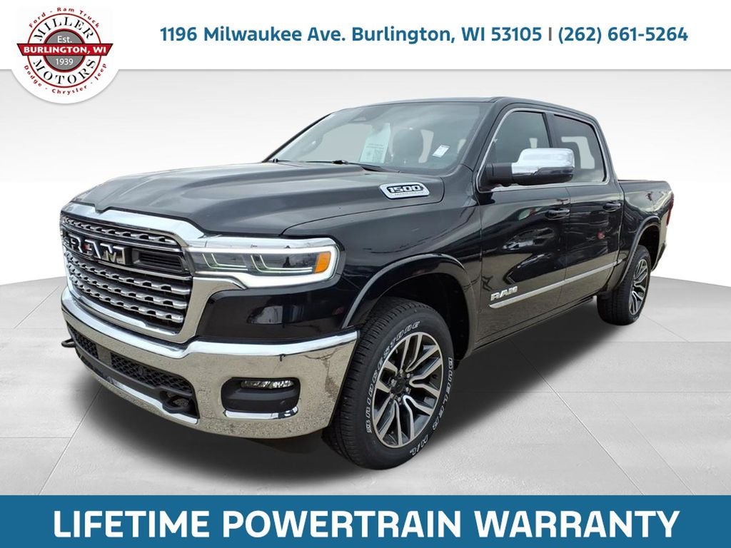 2026 RAM Ram 1500 RAM 1500 LIMITED CREW CAB 4X4 5'7' BOX in Diamond Black Crystal Pearl-Coat Exterior Paint — front three-quarter view
