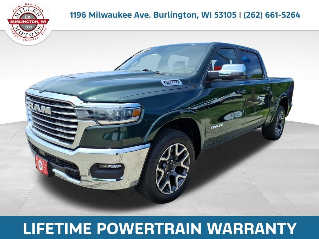 2026 RAM Ram 1500 RAM 1500 LARAMIE CREW CAB 4X4 5'7' BOX in Serrano-Green Metallic Exterior Paint — front three-quarter view