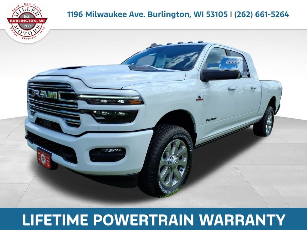 2026 RAM Ram 3500 RAM 3500 LARAMIE MEGA CAB 4X4 6'4' BOX in Bright White Clear-Coat Exterior Paint — front three-quarter view
