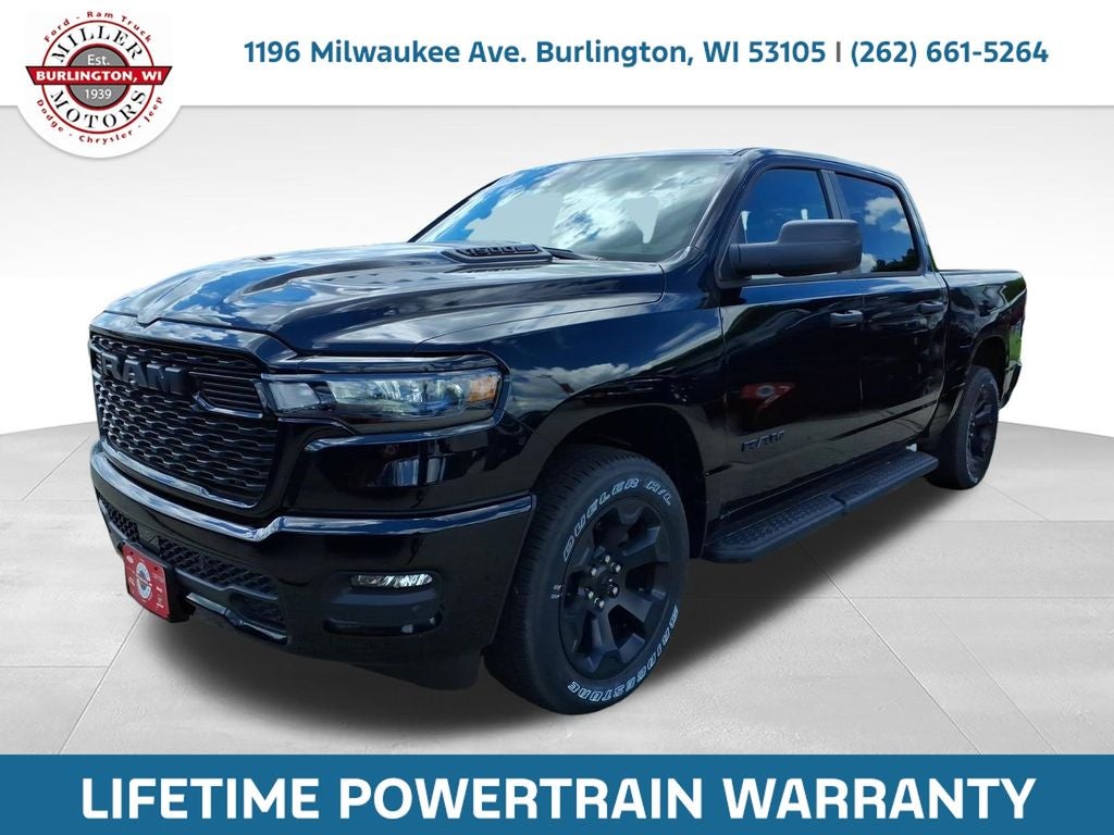2026 RAM Ram 1500 RAM 1500 EXPRESS CREW CAB 4X4 5'7' BOX in Diamond Black Crystal Pearl-Coat Exterior Paint — front three-quarter view
