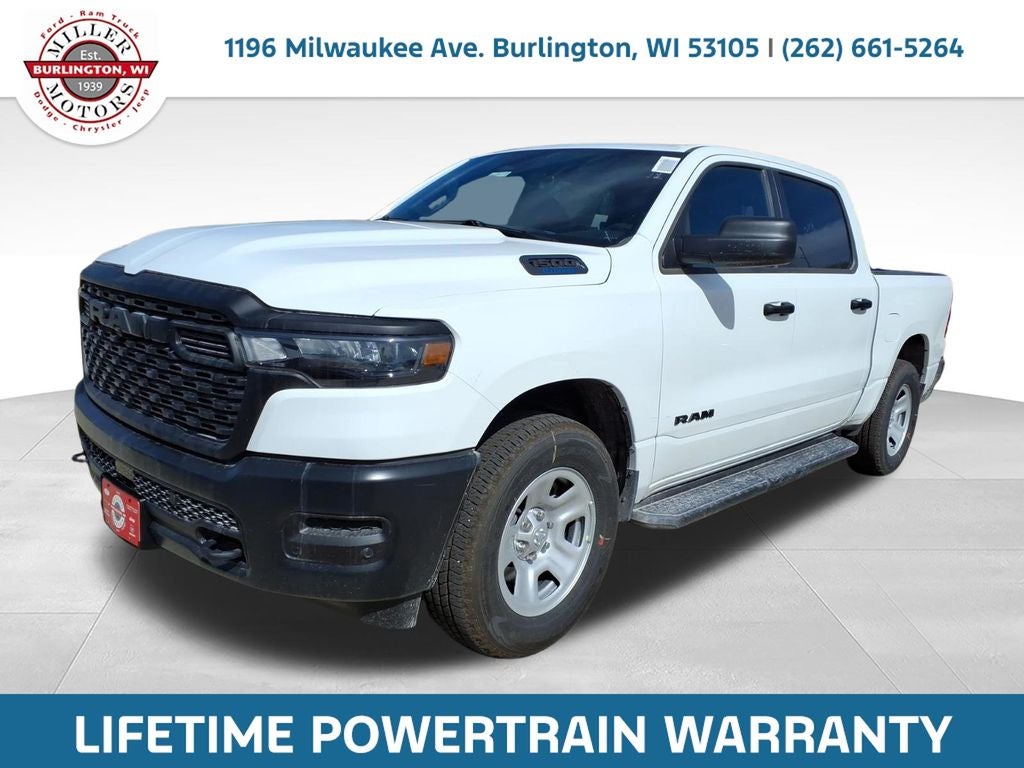 2026 RAM Ram 1500 RAM 1500 TRADESMAN CREW CAB 4X4 5'7' BOX in Bright White Clear-Coat Exterior Paint — front three-quarter view