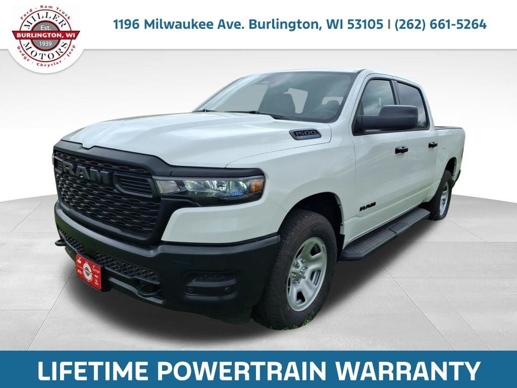 2026 RAM Ram 1500 RAM 1500 TRADESMAN CREW CAB 4X4 5'7' BOX in Bright White Clear-Coat Exterior Paint — front three-quarter view